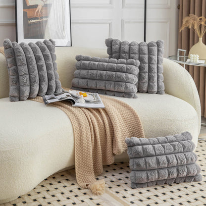 Neelvin Grey Faux Fur Cozy Soft Plaid Decorative Throw Pillow Covers 18x18 inch Set of 2,Velvet Pillowcase Cushion Case for Sofa Couch