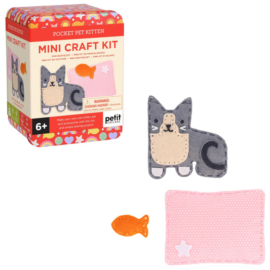 Petit Collage: Mini Craft Kit: Pocket Pet Kitten - Portable Felt Sewing Kit with Precut Pieces, Thread, Stuffing, Child‑Safe Needle & Tin – Screen‑Free Fine Motor Toy for Ages 6+