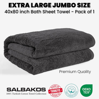 SALBAKOS Luxury 100% Turkish Cotton Bath Sheets 40x80 in Oversized Extra Large Bath Towels | Premium Hotel Quality Thick Soft Absorbent Turkish Towel for Spa Beach (Pack of 1, Gray, Jumbo Bath Sheet)