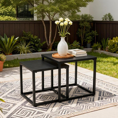 Meluvici Patio Outdoor Coffee Table Set of 2, Weather Resistant Steel Square End Tables, Outdoor Nesting Tables for Patio, Balcony, Bistro and Indoor, Black (Black)