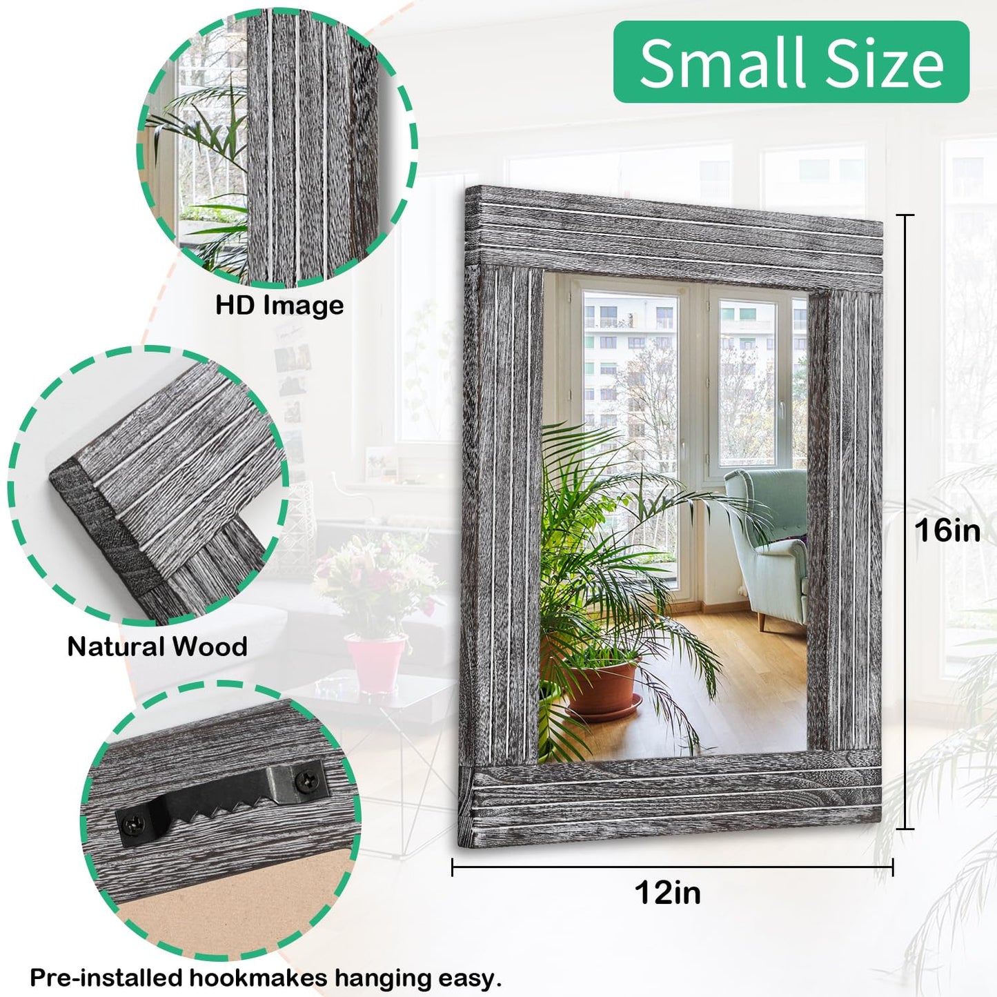 HLFMVWE Rustic Wall Mirror Farmhouse, with Frame Wood Wall Mirror Rectangle Antique Decor Hanging Mirror for Bathroom Living Room Bedroom Entryway Small 16" x 12 "