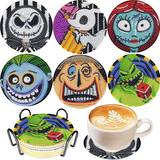 6 Pcs 5D DIY Diamond Art Painting Christmas Cartoons Coasters with Holder,DIY Coaster Diamond Art Kits for Adults Beginners, Round Full Drill Diamond Art Craft Supplies QLBD-06