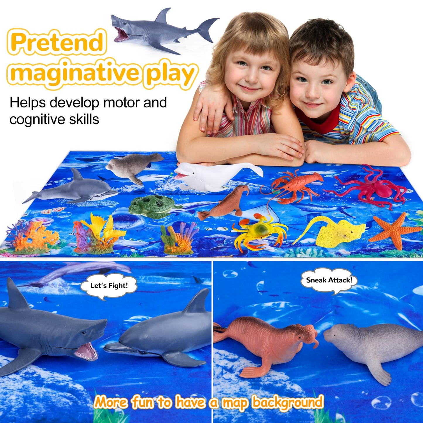 GINMIC Kids Ocean Animals Toys with Large Play Mat , 18 Pack Assorted Realistic Sea Animal Toys with Carrier Bag Including Shark, Whale, Dolphin etc, for Toddler, Boys & Girls Ages 3-8