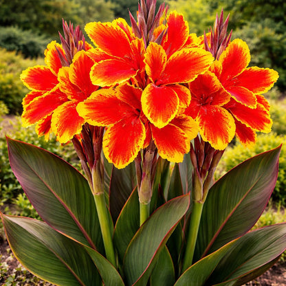 Lucifer Canna Lily Bulbs for Planting – Bright Red Flowers with Golden Yellow Edges – Tropical Summer Blooming Plants – Premium Canna Rhizomes (3 Bulbs)