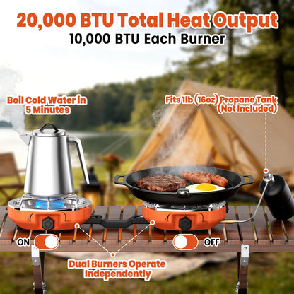 Cofiyard 20,000 BTUs 2 Burner Propane Camping Stove, Portable Folding Camp Stove with Adjustable Burners, Regulator and Carrying Bag, Dual Gas Stoves Easy Carrying Handle for Tailgating, Camping, BBQ