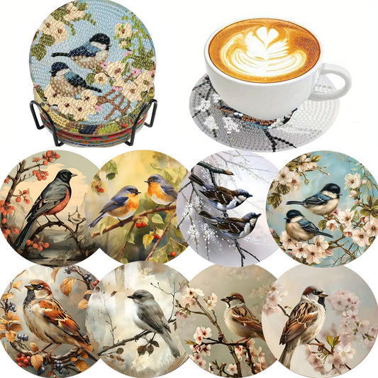 Clendo 8 PCS Bird Diamond Art Coaster Kits with Holder - Vintage Diamond Painting for Adults Beginners - 5D Gem Art Dots Paintings with Cork Pads - Crafts Supplies