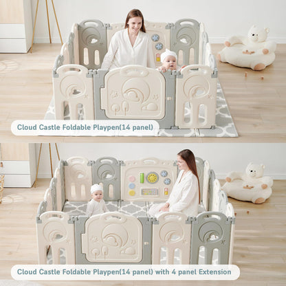 Fortella Cloud Castle Foldable Playpen, Baby Safety Play Yard with Writing Whiteboard and Activity Wall, Pack and Play for Toddlers 1-3, Indoors or Outdoors (Gray, 14 Panel)