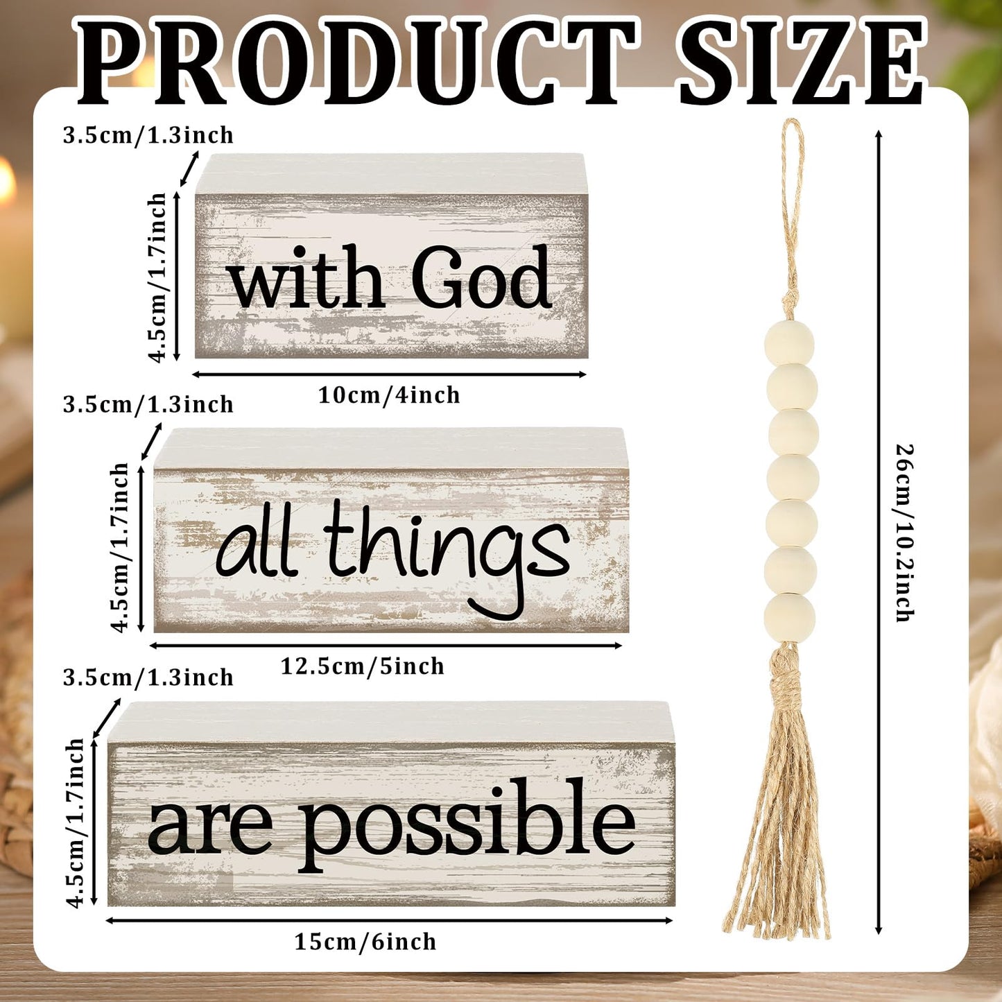 Yuntau 4 Pcs Farmhouse Wooden Tabletop Decor Farmhouse Tiered Tray Decor Rustic Retro Wood Bead Garland with God All Things are Possible Block Sign Neutral Centerpiece Sign for Home Shelf Mantle