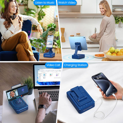 JTEMAN Cell Phone Stand with Bluetooth Speaker,HD Sound Adjustable Phone Holder,Birthday Gifts for Men Women, Cool Tech Kitchen Gadgets for Most Phones and Tablets-Blue