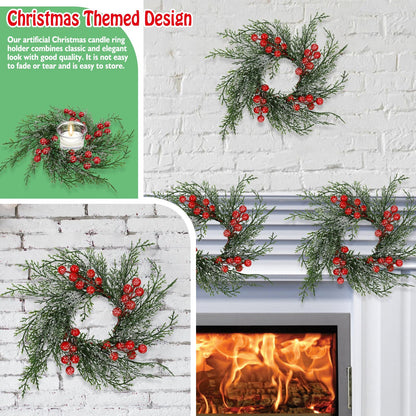 Serlvan 10 Pcs Christmas Candle Rings Wreath Artificial Candle Rings with Red Berry, Snowy Pine Garland Candle Ring Holder for Christmas Decorations Table Centerpiece