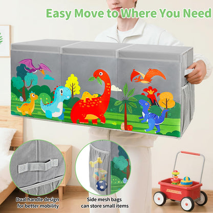 KORVAX Extra Large Toy Box Chest with Lids, Collapsible Toy Storage Organizer for Kids, Dinosaur Toy Bin Box for Toddlers Boys Girls, Toy Organizer for Living Room Nursery Playroom Bedroom Home Grey