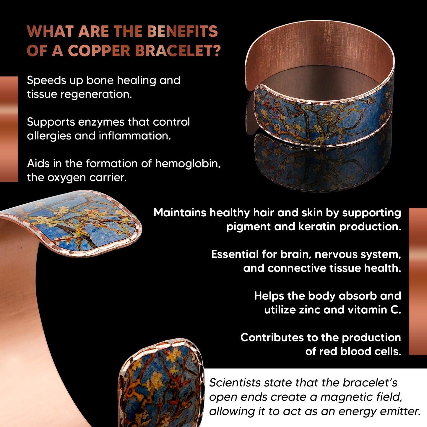 Moreni Copper Bracelet for Women – Handmade Engraved Cuff Inspired by “Almond Blossom” – Artistic Pure Copper Jewelry with Gift Wooden Box