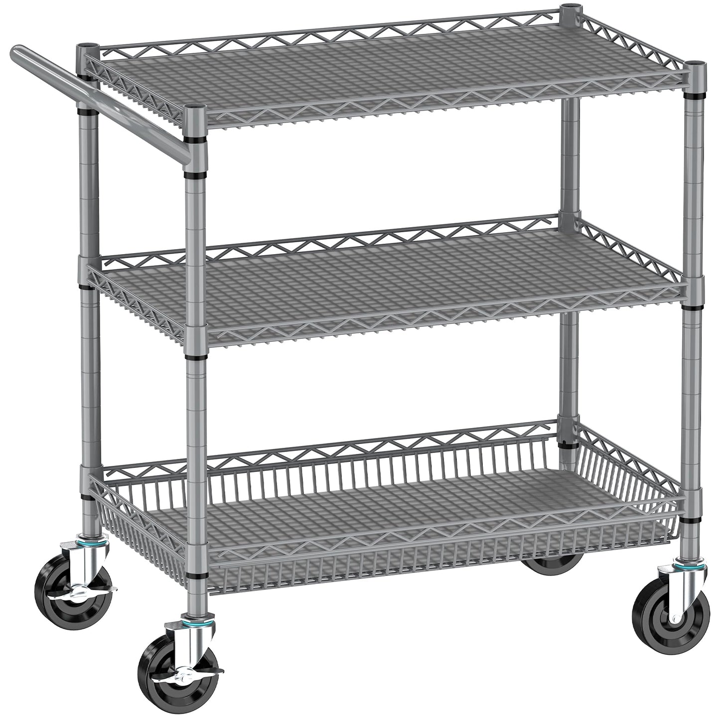 Folews Heavy Duty Rolling Cart with Wheels for Kitchen & Garage, 990LBS 3-Tier Metal Utility Cart, NSF Adjustable Shelves & Basket, Lockable Casters, Commercial Storage Trolley, Gray
