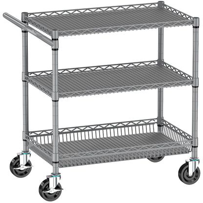 Folews Heavy Duty Rolling Cart with Wheels for Kitchen & Garage, 990LBS 3-Tier Metal Utility Cart, NSF Adjustable Shelves & Basket, Lockable Casters, Commercial Storage Trolley, Gray