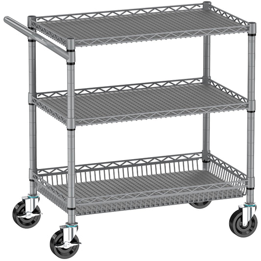 Folews Heavy Duty Rolling Cart with Wheels for Kitchen & Garage, 990LBS 3-Tier Metal Utility Cart, NSF Adjustable Shelves & Basket, Lockable Casters, Commercial Storage Trolley, Gray