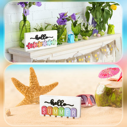Roowest 5 Pcs Hello Spring Interchangeable Sign Seasonal Sign Summer Fall Winter Tiered Tray Decor 5.9 x 3 Inch Wooden 4 Seasons Farmhouse Table Centerpiece Decoration for Home Shelf Office(Fresh)