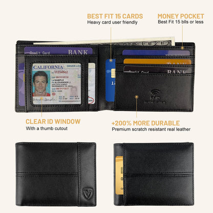 VEESKYE Full Grain Leather Wallet for Men | RFID Blocking | Extra Capacity Bifold Wallet with ID Windows | Ultra Strong Stitching | Slim Billfold with 8 Card Slots | Gift for Him Black