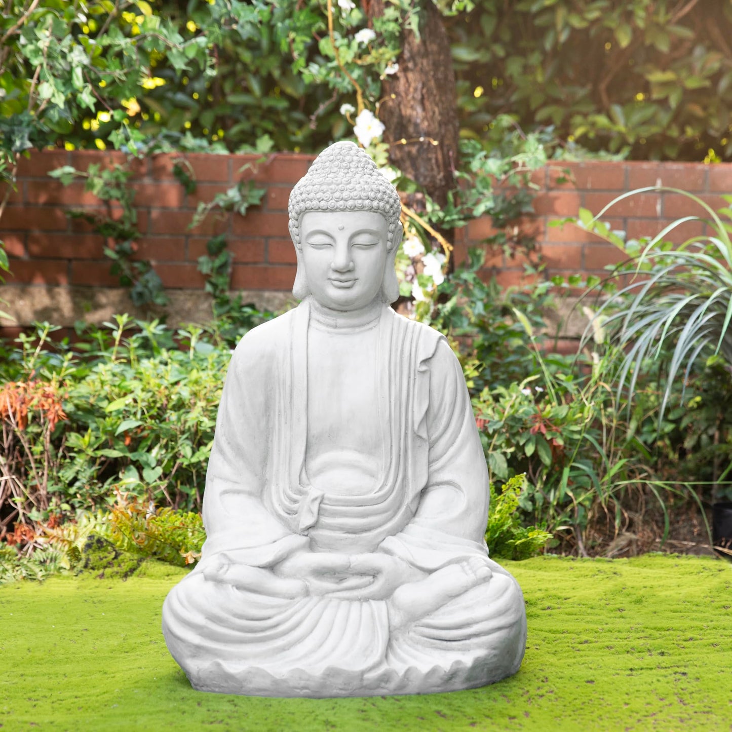 Glitzhome 29.5-inch Zen Meditation Buddha Garden Statue, White Oversized Tall Large Indoor and Outdoor Sculpture, Hand-Finished MGO & Fiberglass Decor for Home Patio Yard