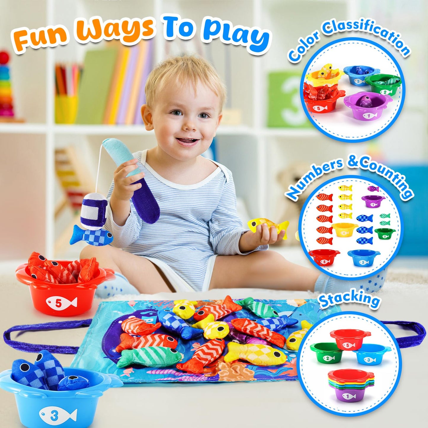 Fish Montessori Toys Gift for Baby 1 year Old 12-18 Months, 22 pcs Fishing Sorting Toy 1 2 Year Kids with Stacking Cups, Boy One Year Old Girls Easter Birthday Gift Toddler Toys for Aged 1 2