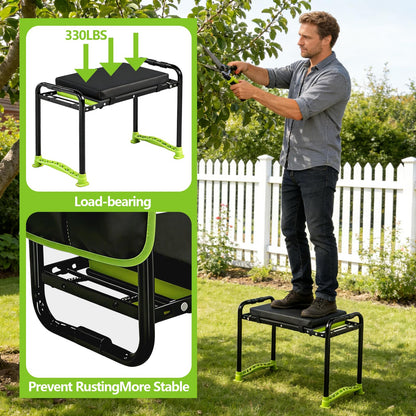 Garden Kneeler and Seat, Heavy Duty Gardening Stool with 1.8" Thick Detachable Kneeling Pad, Foldable Bench Chair with 2 Tool Pouches for Knee & Back Pain Relief for Women, Men, Seniors (Green)