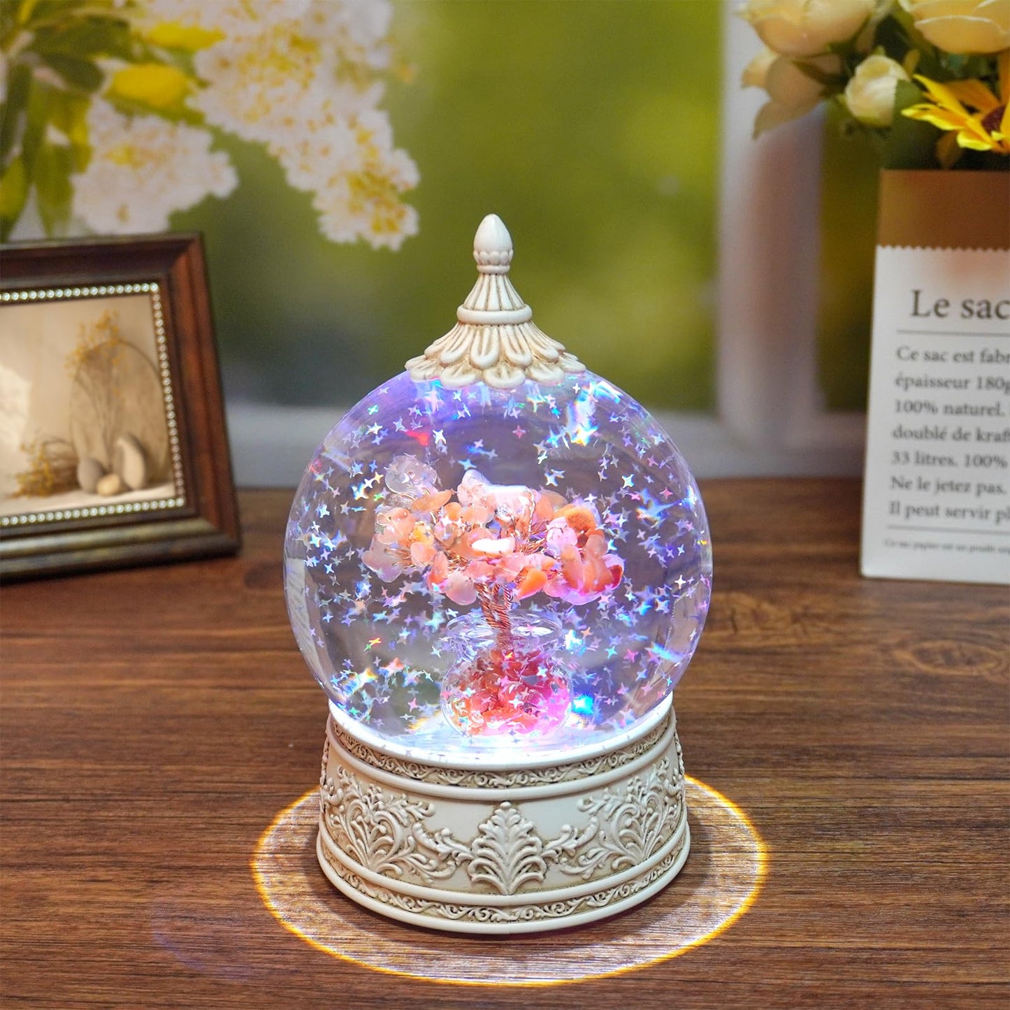 Red Agate Healing Crystal Tree Globe with Colorful Lights and Sparkling Glitter, Natural Gemstone Base, Spiritual Meditation, Positive Energy Good Luck, Home Decor, Birthday Gifts (Red Agate)