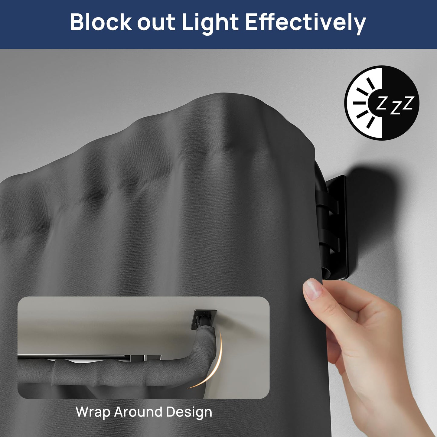 ENJOYBASICS Blackout Curtain rod for windows 48 to 84, 5/8 in Wrap Around Curtain Rods for Bedroom, Living Room, Adjustable from 30 to 86 Inches, Matte Black