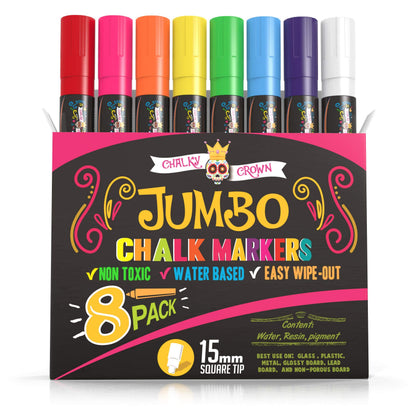 Jumbo Liquid Chalk Markers - Bold Chalk Markers for Chalkboards, Window Marker, Chalks Pens for Signs, Blackboard, Glass - Square Reversible Tip (15mm, 8 Pack)