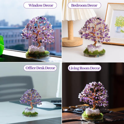 Dreamocean Amethyst Crystal Tree of Life Healing Crystal Money Gemstone Bonsai Tree with Natrual Amethyst Cluster Geode Home Office Desk Reki Decor for Women Purple Gifts for Women（Purple）