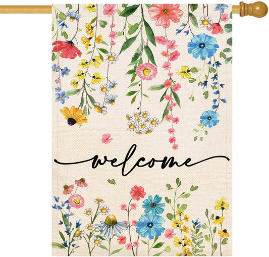 Baccessor Spring Summer Welcome Floral House Flag 28x40 Inch Double Sided Large Yard Flag Outside Outdoor Seasonal Burlap Flowers Flags Home Patio Decoration
