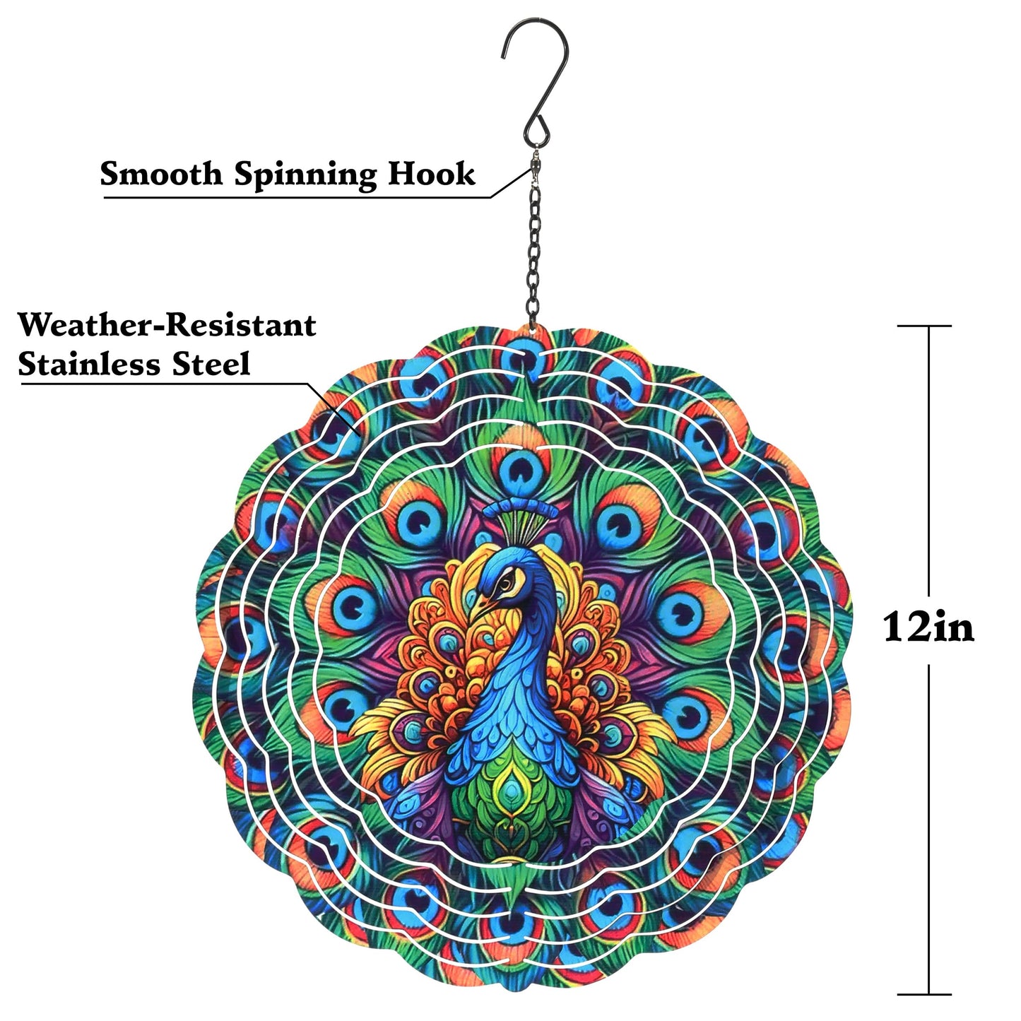 Threeight Peacock Metal Wind Spinners for Yard, 12 Inch 3D Kinetic Wind Catchers, Outdoor Garden Decor Gifts for Women Men