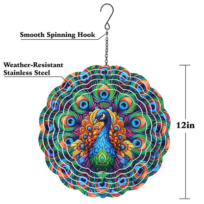 Threeight Peacock Metal Wind Spinners for Yard, 12 Inch 3D Kinetic Wind Catchers, Outdoor Garden Decor Gifts for Women Men