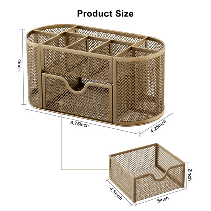 EasyPAG Mesh Pen Holder Desk Organizer with Drawer Stationery Supplies Organizer for Dorm School 9 Compartments Workspace Desk Accessories Organization for Office, Gold