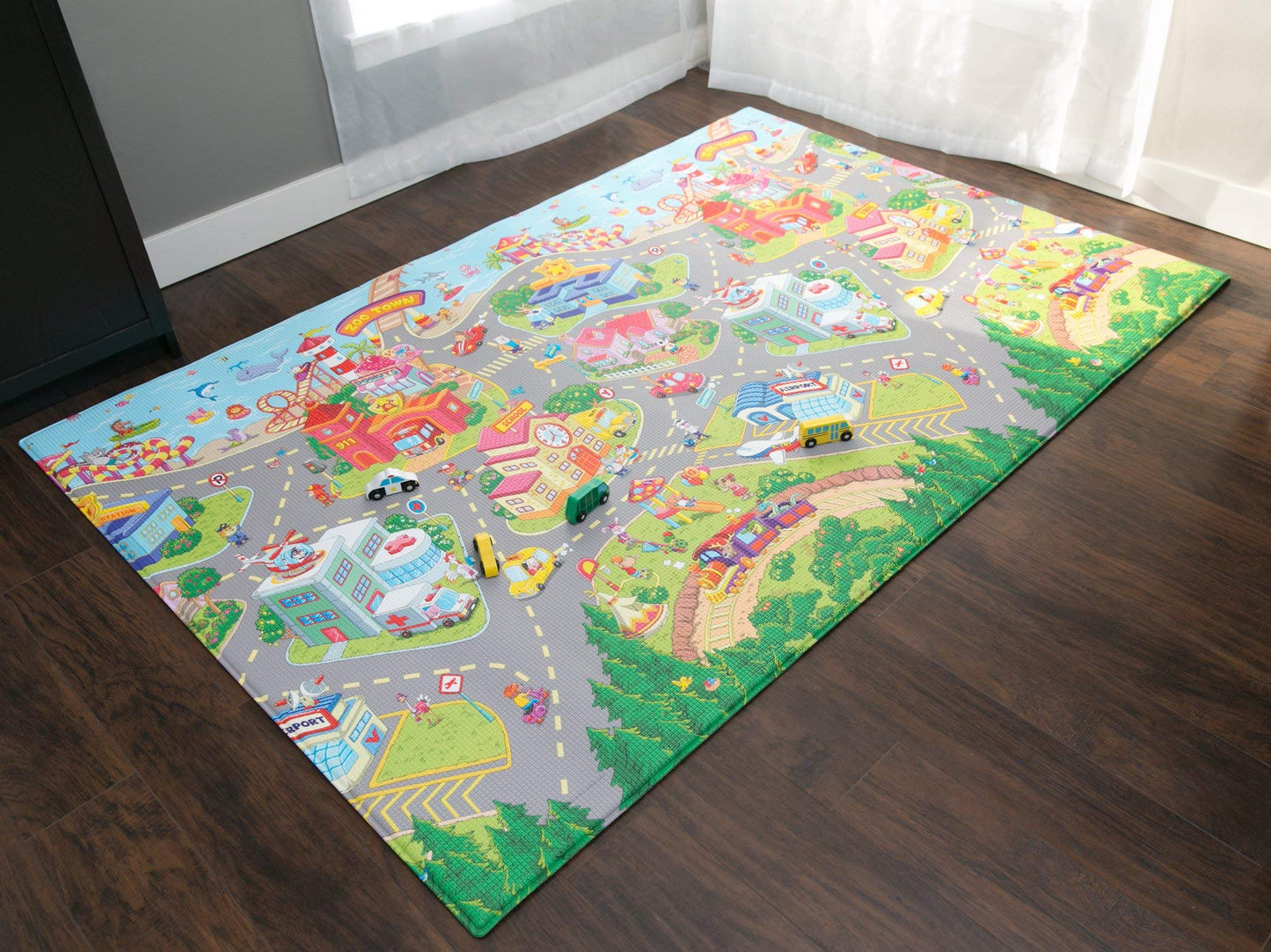 Baby Care Play Mat (Large, Playful - Zoo Town) 82'' x 55'' Original One-Piece Reversible Rollable Waterproof Play Mat for Infants, Babies, Toddler, and Kids