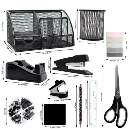 Shellvcase Black Desk Organizers and Accessories,12pcs Office Supplies Set With Pen Holder, Tape Holder, Stapler, Scissors, Ruler, Staple Remover for Office & Study Room, Gift for Coworker