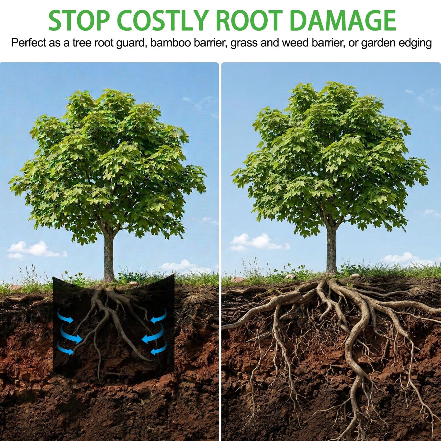 Convivium Tree Root Barrier 12in x 20ft x 60mil, Heavy-Duty Recycled HDPE Root Blocker Roll, Bamboo Barrier for Landscaping, Lawn & Garden Edging, Sidewalk & Foundation Protection