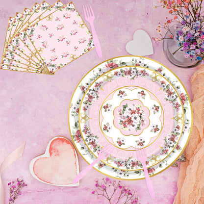 Fyeoxle 96pcs Floral Party Supplies Flower Paper Plates and Napkins Tableware Set for 24 Guest Floral Party Disposable Paper Dinner Plates Napkins Forks for Birthday Bridal Shower Tea Party Supplies