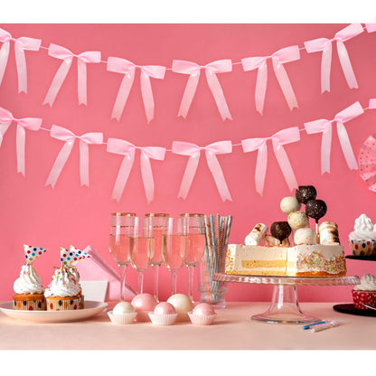 2pcs Pink Bow Garland Banner, Satin Ribbon Decorations for Coquette Theme Birthday and Bridal Shower Party Decor (Bow)