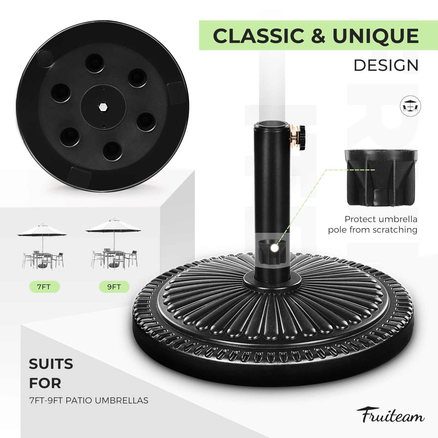 FRUITEAM 15" 23 lbs Round Patio Umbrella Base Pre-Filled Umbrella Stand Sun-Flower-Pattern Heavy Duty Market Umbrella Base Stand for Patio, Outdoor, Swimming Pool, Black