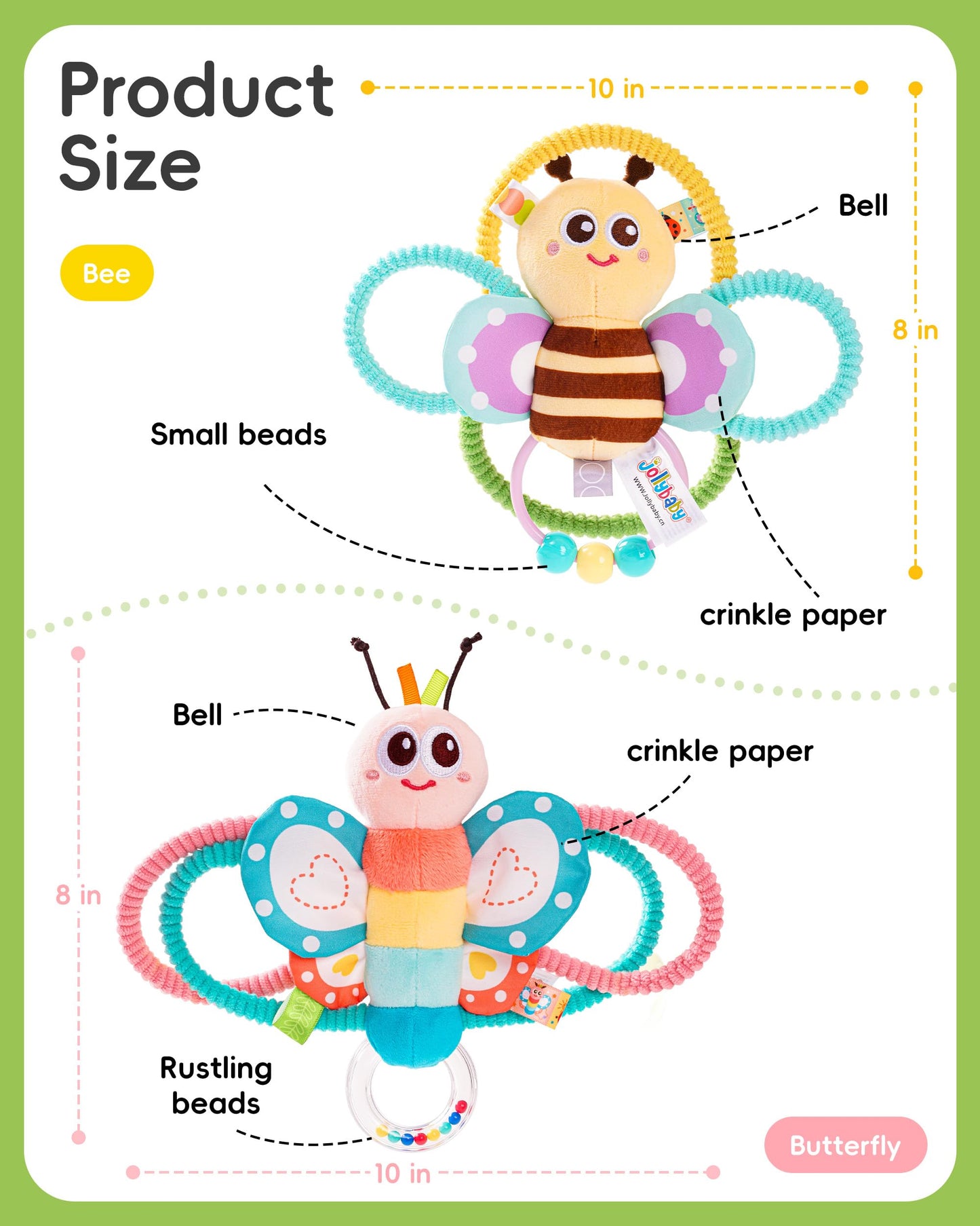 Jollybaby Soft Baby Rattles & Plush Rings Toy for Newborn 0-3-6-12 Months, Sensory Developmental Hand Teether Toys for Infant 0-2-4-7-8-9 Months, Baby Shower & Birthday Gifts - Bee
