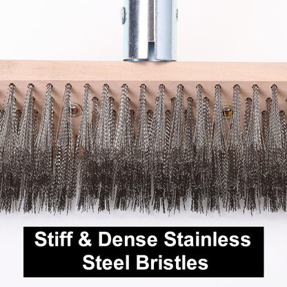 Stainless Steel Wire Scrub Brush with 63" Long Handle, 2PCS 8" Brush Heads, Heavy Duty Large Wire Brush, Stiff Metal Bristle Floor Scrubber, Patio Floor Cleaning, Wire Broom for Concrete, Deck, Moss