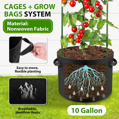 Suntee 3 Pack Tomato Cage with 10 Gallon Grow Bags, 48 Inch Tomato Cages for Garden Patio Balcony, Adjustable Height Tomatoes Plant Support for Climbing Vegetables Plants Flowers
