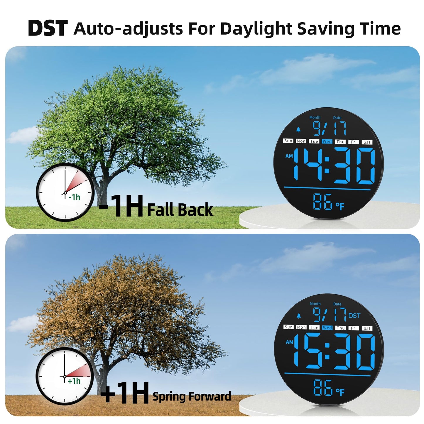HAITANG Digital Wall Clock, 8'' Round Digital Clock with Large Display, 11RGB Colors,Remote Control, Auto-Brightness,Temperature,DST,Night Light, Alarm, Count Down Timer for Classroom/Bedroom/Office