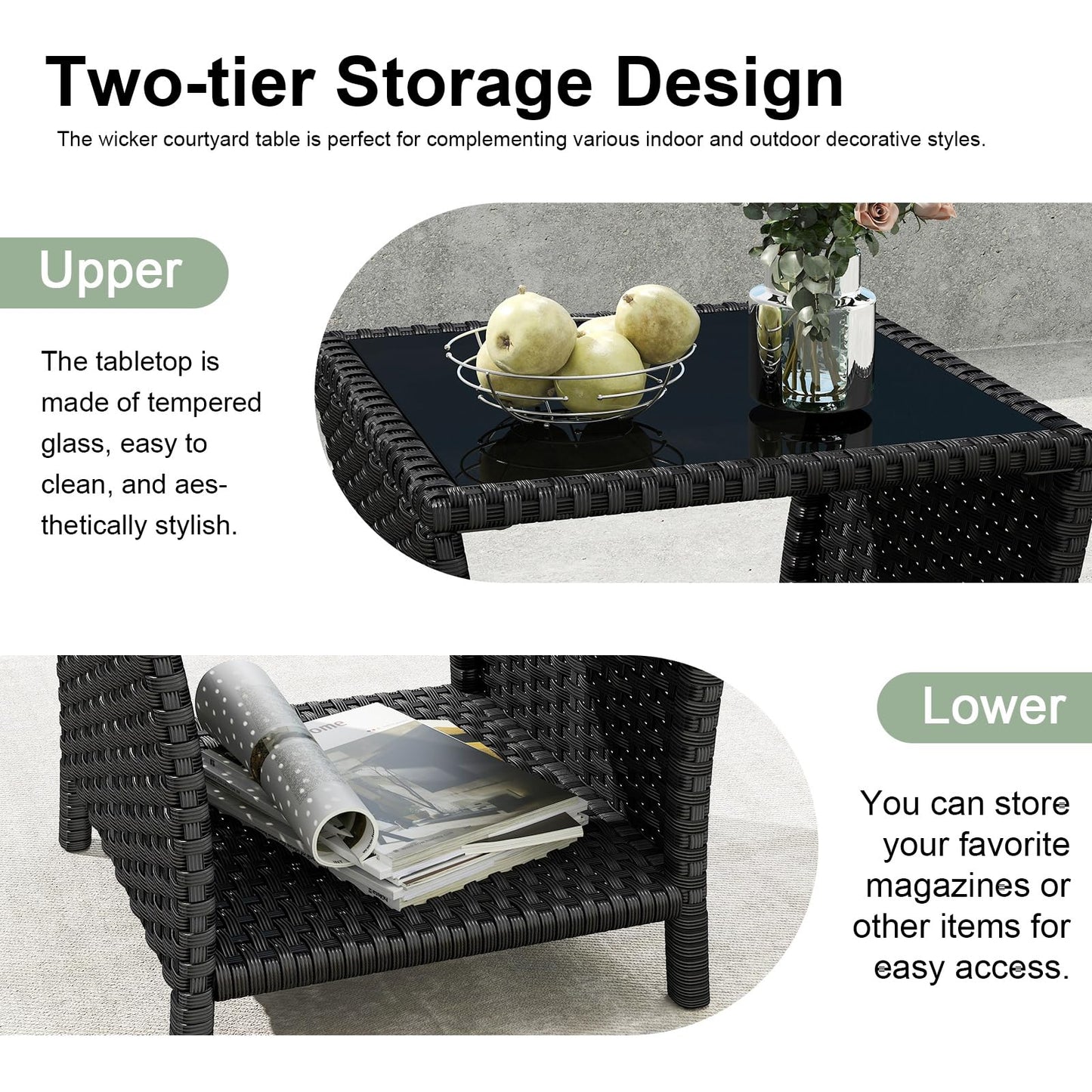 kinbor Small Outdoor Table - Tempered Glass Top Small Outdoor Wicker Side Table with Storage Shelf for Patio, Balcony & Porch, Durable PE Rattan & Iron Frame