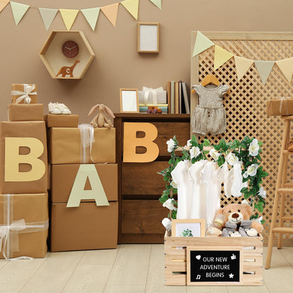 Barydat Wooden Baby Shower Crate Closet, Basket with Handle and Felt Letter Board Kit Garland Baby Shower Wooden Gift Crate Personalized Basket for Pregnancy Announcement New Parent(Wood)