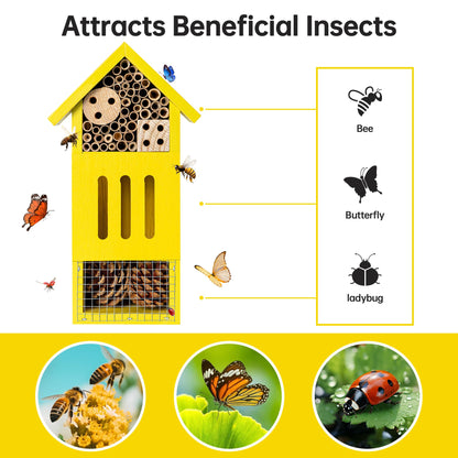 Bee House Bug Hotel & Butterfly House, Handcrafted Wooden Ladybug House, Natural Insect Habitat for Garden, Patio, or Yard, Durable Pine Wood, Attracts Pollinators, 10.4 x 5.5 x 3.2 Inches