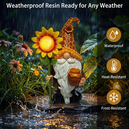 Lyeasw Solar Garden Gnome Statues with Sunflower Light - Outdoor Yard Decor - Honey Pot Gnome Figurines for Patio Lawn Walkway & Backyard, Unique Welcome Garden Gifts for Mom & Grandma
