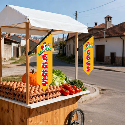 Farm Fresh Eggs Flag with Pole Kit – 42x12inch Double-Sided Heavy-Duty Canvas Flag, Outdoor Rustic Farm Stand or Market Stall Sign, Weatherproof Hanging Advertising Display (Yellow)