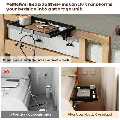 FelRelWel Foldable Bedside Shelf, Extra Large Floating Tray Table for Dorm Room & Bunk Bed, Side Table with 3 Cord Holes,College Dorm Room Essentials for Max 15.6" Laptops (15.7" x 11.8", Black)