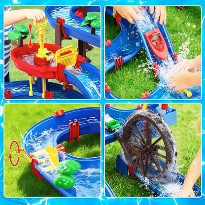 TERRAMUS 2-Tier Kids Watermill Water Table Toys, 124PCS Water Park Playset with Pump, Waterwheel, Summer Outdoor Water Toys Waterways for Backyard,Lawn,Beach,Pool,Gifts for Boys Girls Toddlers 3-5 4-8