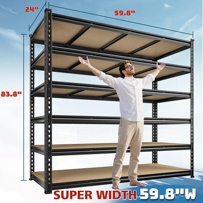 DurayLoly 83.8"H Garage Shelving 59.8"W Metal Shelving 3000LBS Storage Shelves Heavy Duty Garage Shelves Adjustable 6 Tier Metal Shelf for Basement Warehouse Pantry Supermarket 59.8"W x 24"D x 83.8"H